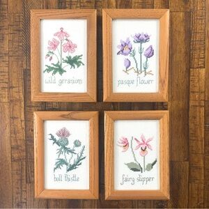 Vintage Set of 4 Botanical Floral Cross Stitch Wall Art Wood Framed Cottagecore